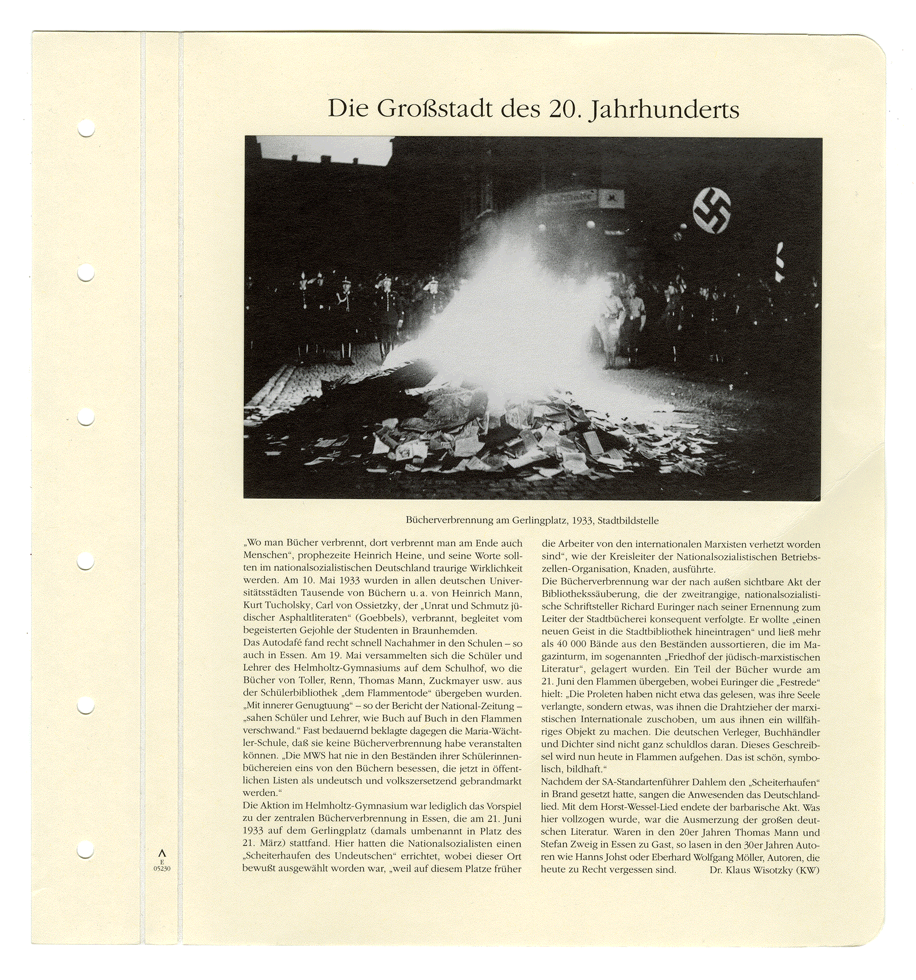 BÜCHERVERBRENNUNG AM GERLINGPLATZ, 1933, STADTBILDSTELLE. DIE GROBSTAD DES 20. JAHRHUNDERTS. Dr. Klaus Wisotzky. no date