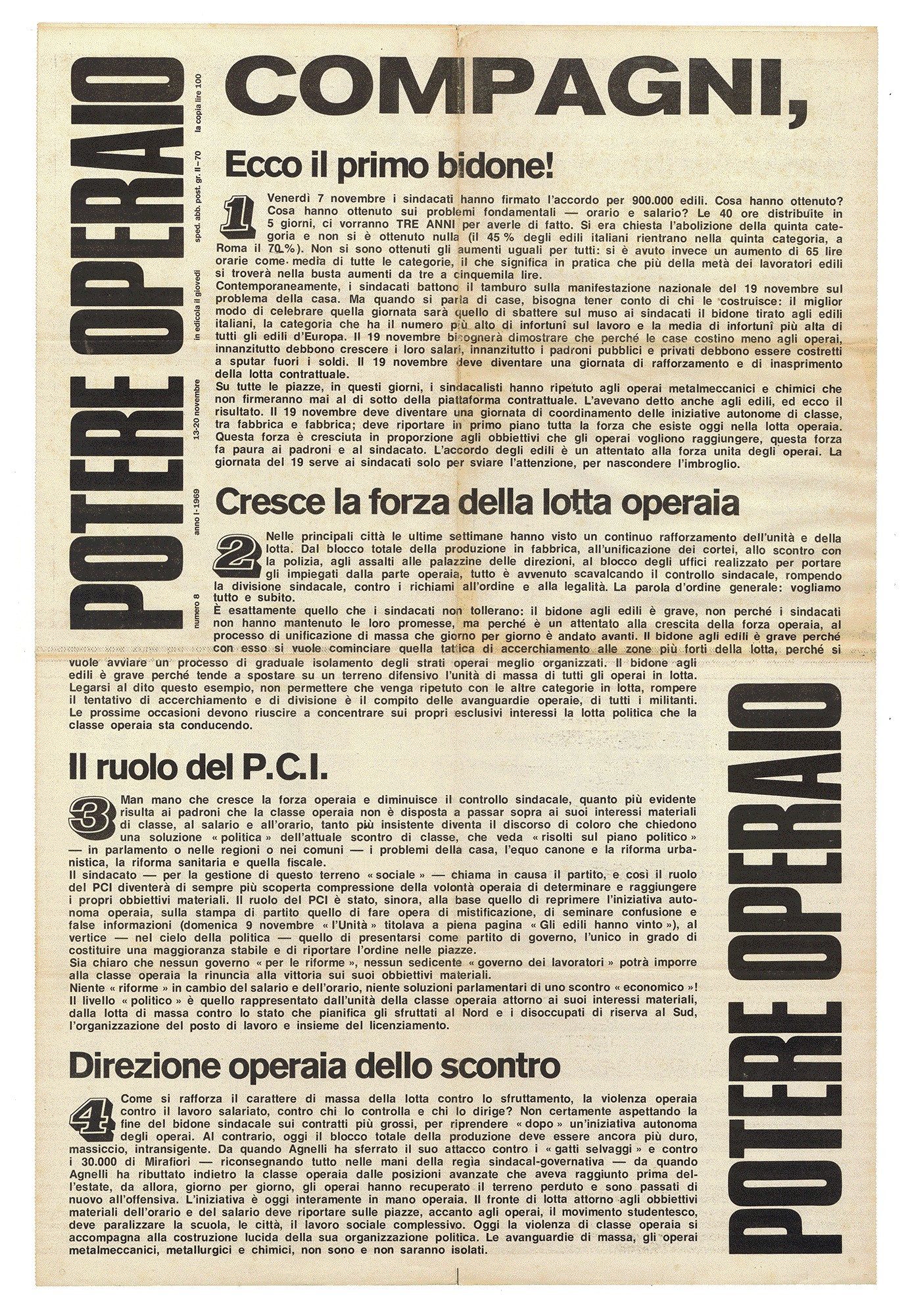 COMPAGNI. Potere Operaio anno I-1969, numero 8. Roma, novembre 1969.