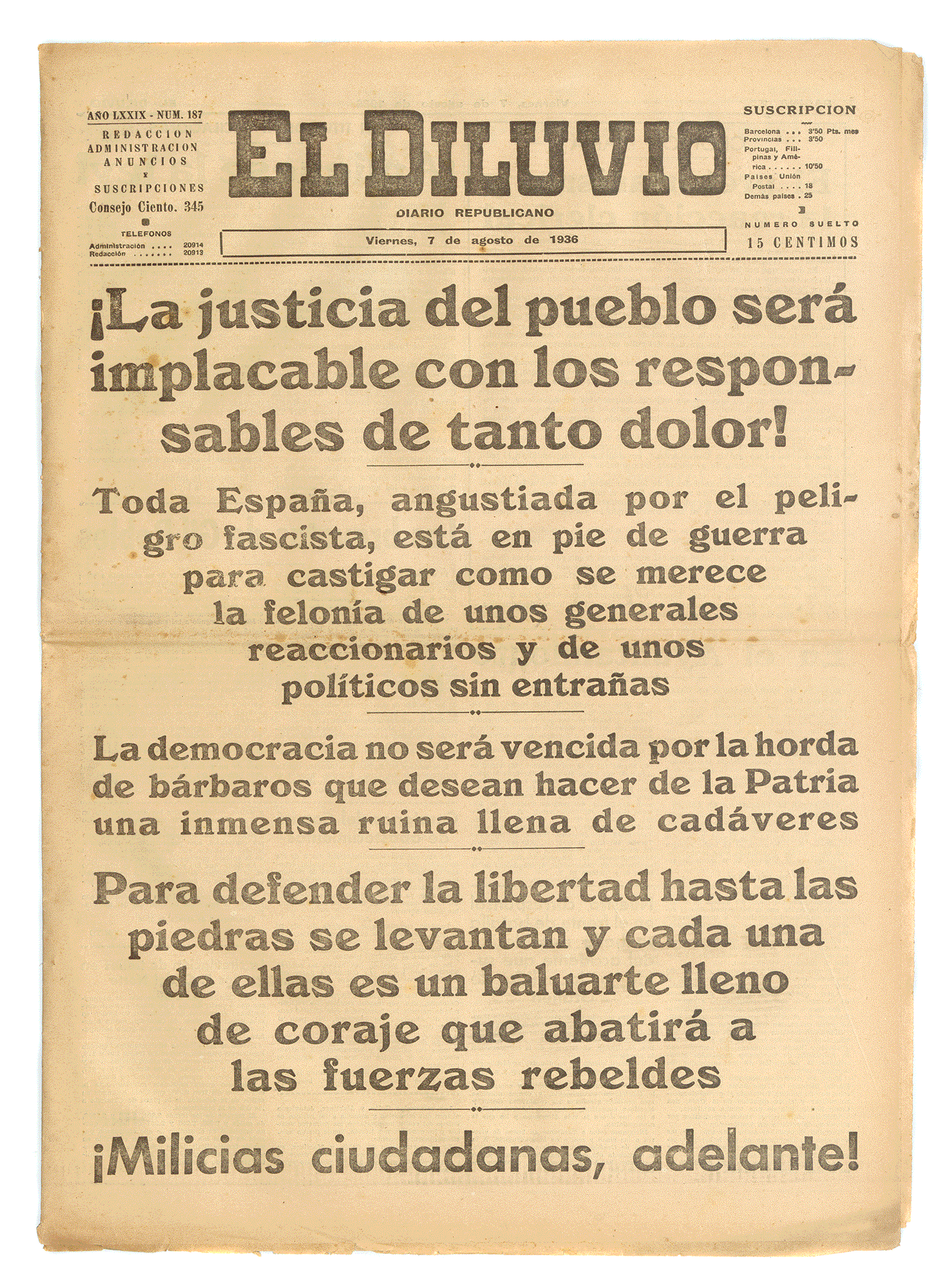 EL DILUVIO, DIARIO REPUBLICANO. Barcelona, 7 de agosto de 1936.