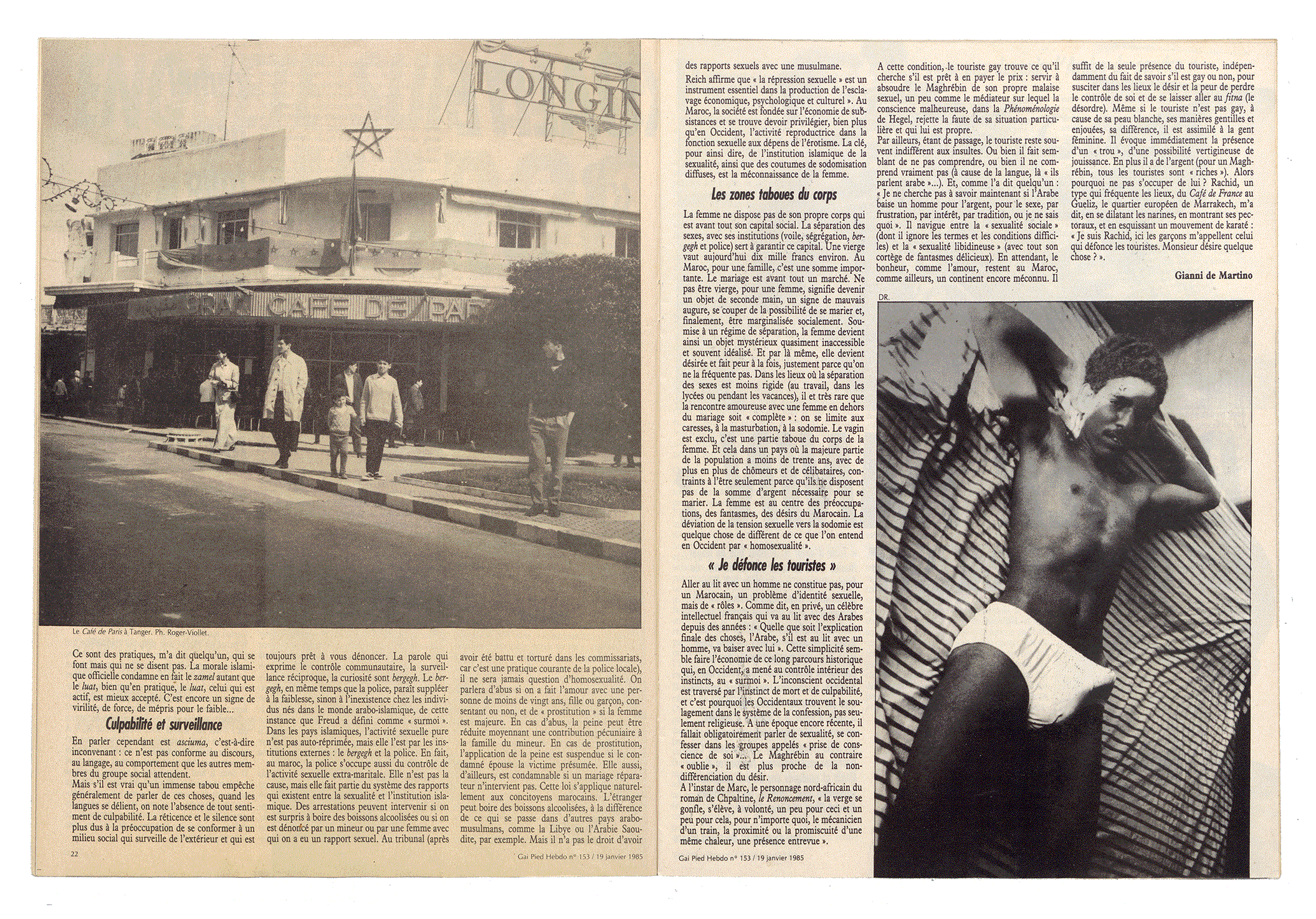 ENQUÊTE SUR LA SEXUALITÉ AU MAROC. Gianni de Martino. GAI PIED HEBDO No. 153. Paris 1985.