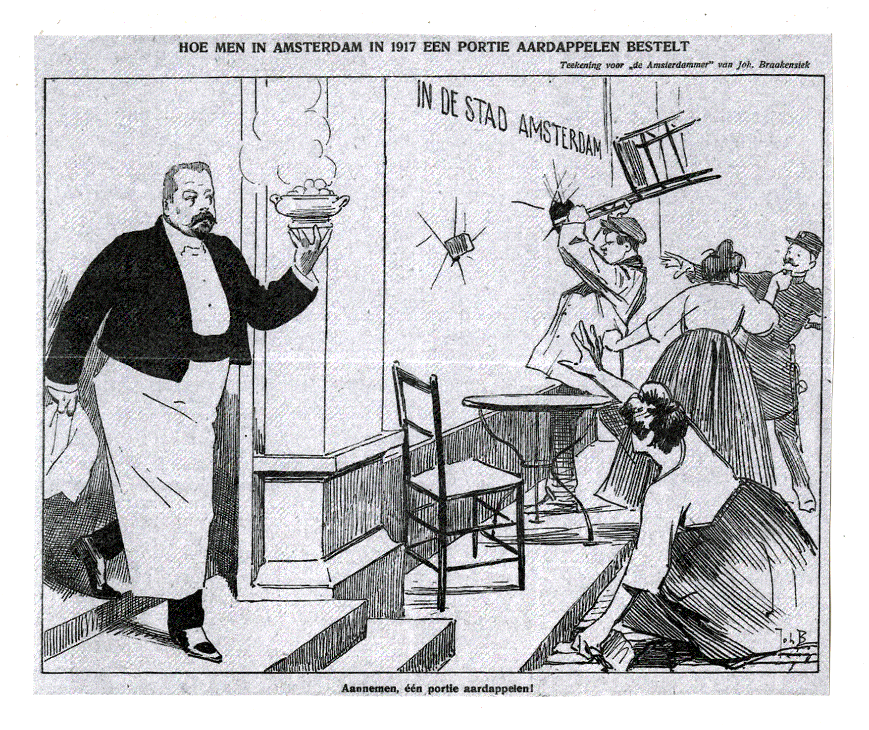 HOE MEN IN AMSTERDAM IN 1917 EEN PORTIE AARDAPPELEN BESTELT. Johan Braakensiek. De Amsterdamer. Amsterdam 1917.
